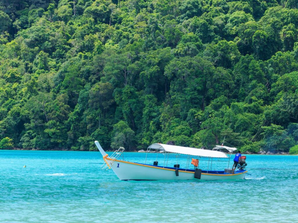 Traditional longtail boat floating in clear turquoise water in the Surin Islands