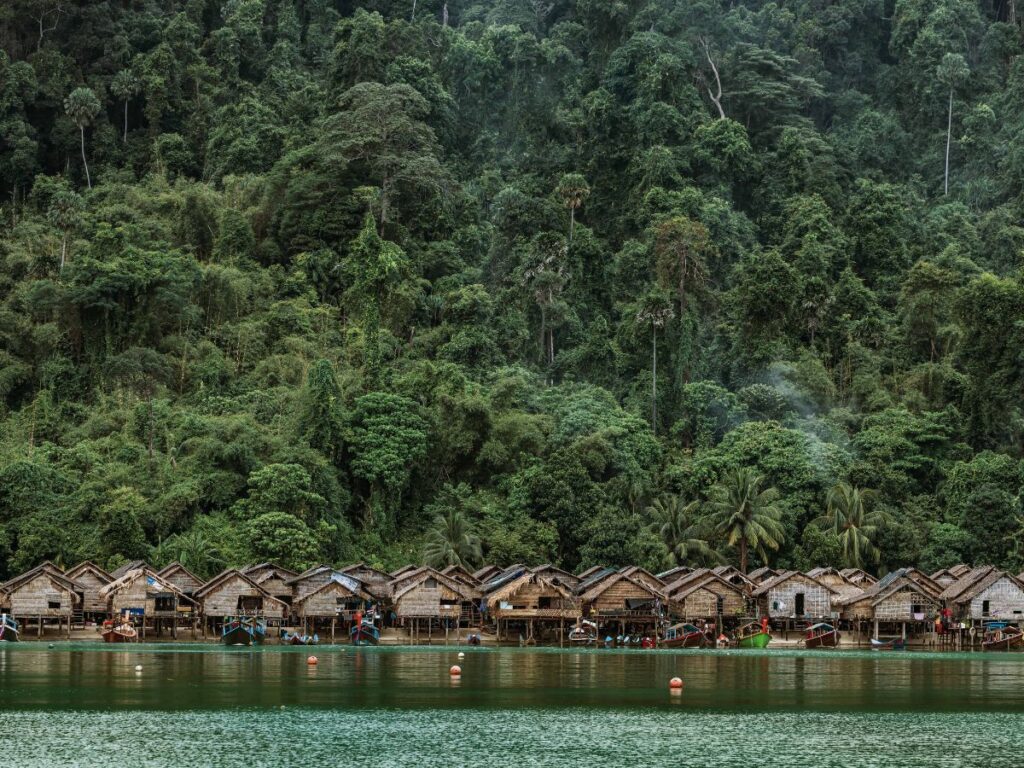 Wooden stilt houses of a Moken village beside the sea in the Surin Islands