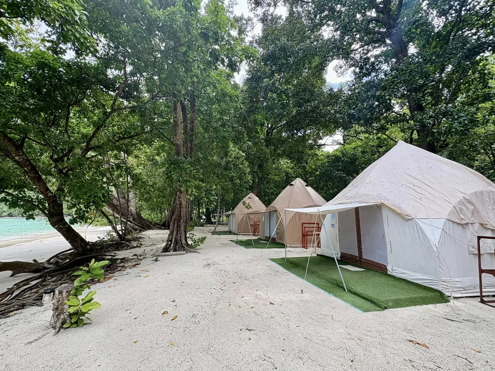 Air-conditioned canvas tents among trees beside the Surin Islands beach